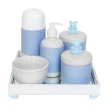 Kit Higiene Espelho Completo Porcelanas, Garrafa Pequena e Capa Ursinho Azul Quarto Bebê Menino