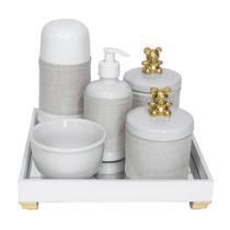Kit Higiene Espelho Completo Porcelanas, Garrafa Pequena e Capa Ursinho Dourado Quarto Bebê Unissex