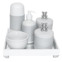 Kit Higiene Espelho Completo Porcelanas, Garrafa Pequena e Capa Ursinho Prata Quarto Bebê Unissex