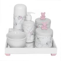 Kit Higiene Espelho Completo Porcelanas, Garrafa Pequena e Capa Ursinho Rosa Quarto Bebê Menina