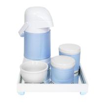 Kit Higiene Espelho Potes, Garrafa, Molhadeira e Capa Azul Quarto Bebê Menino