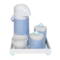 Kit Higiene Espelho Potes, Garrafa, Molhadeira e Capa Coroa Azul Quarto Bebê Menino
