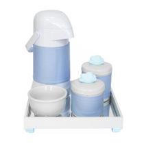 Kit Higiene Espelho Potes, Garrafa, Molhadeira e Capa Nuvem Azul Quarto Bebê Menino