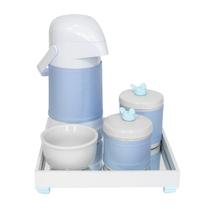 Kit Higiene Espelho Potes, Garrafa, Molhadeira e Capa Passarinho Azul Quarto Bebê Menino