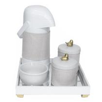 Kit Higiene Espelho Potes, Garrafa, Molhadeira e Capa Passarinho Dourado Quarto Bebê Unissex