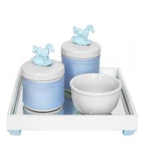 Kit Higiene Espelho Potes, Molhadeira e Capa Cavalinho Azul Quarto Bebê Menino