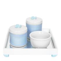 Kit Higiene Espelho Potes, Molhadeira e Capa Flor de Liz Azul Quarto Bebê Menino