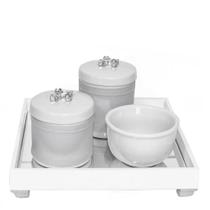 Kit Higiene Espelho Potes, Molhadeira e Capa Flor de Liz Prata Quarto Bebê Unissex