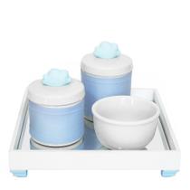 Kit Higiene Espelho Potes, Molhadeira e Capa Nuvem Azul Quarto Bebê Menino