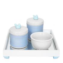 Kit Higiene Espelho Potes, Molhadeira e Capa Passarinho Azul Quarto Bebê Menino
