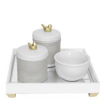 Kit Higiene Espelho Potes, Molhadeira e Capa Passarinho Dourado Quarto Bebê Unissex Kit Higiene Espelho Potes, Molhadeira e Capa Passarinho Dourado Quarto Bebê Unissex