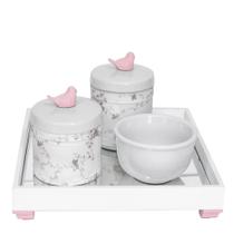 Kit Higiene Espelho Potes, Molhadeira e Capa Passarinho Rosa Quarto Bebê Menina