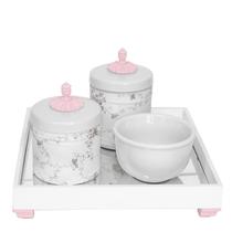 Kit Higiene Espelho Potes, Molhadeira e Capa Provençal Rosa Quarto Bebê Menina - Potinho de Mel