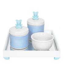 Kit Higiene Espelho Potes, Molhadeira e Capa Ursinho Azul Quarto Bebê Menino