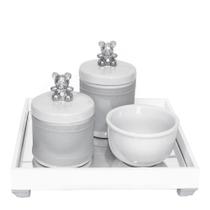 Kit Higiene Espelho Potes, Molhadeira e Capa Ursinho Prata Quarto Bebê Unissex