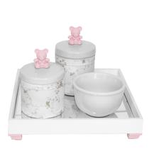 Kit Higiene Espelho Potes, Molhadeira e Capa Ursinho Rosa Quarto Bebê Menina