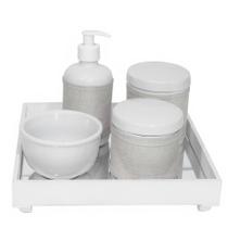 Kit Higiene Espelho Potes, Molhadeira, Porta Álcool-Gel e Capa Branco Quarto Bebê Unissex