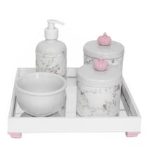Kit Higiene Espelho Potes, Molhadeira, Porta Álcool-Gel e Capa Coroa Rosa Quarto Bebê Menina