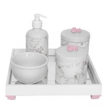 Kit Higiene Espelho Potes, Molhadeira, Porta Álcool-Gel e Capa Flor de Liz Rosa Quarto Bebê Menina - Potinho de Mel