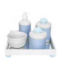 Kit Higiene Espelho Potes, Molhadeira, Porta Álcool-Gel e Capa Nuvem Azul Quarto Bebê Menino