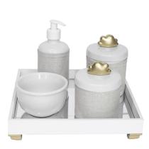Kit Higiene Espelho Potes, Molhadeira, Porta Álcool-Gel e Capa Nuvem Dourado Quarto Bebê Unissex