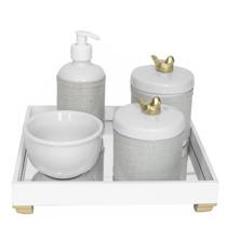Kit Higiene Espelho Potes, Molhadeira, Porta Álcool-Gel e Capa Passarinho Dourado Bebê Unissex