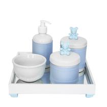 Kit Higiene Espelho Potes, Molhadeira, Porta Álcool-Gel e Capa Ursinho Azul Quarto Bebê Menino
