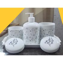Kit higiene flores arabescos 4 peças - Bandeja, potes e porta álcool - Tudo Porcelana