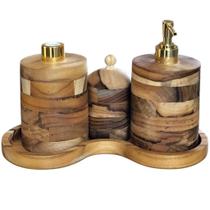 Kit Higiene Lavabo / Banheiro 4 Peças - Madeira Nobre Teca