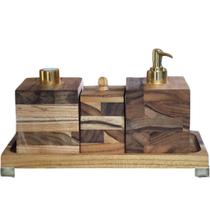 Kit Higiene Lavabo / Banheiro 4 Peças - Madeira Nobre Teca - Quadrado
