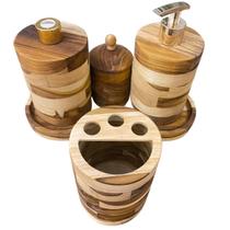 Kit Higiene Lavabo / Banheiro 5pçs - Madeira nobre "Teca" Kit Higiene Lavabo / Banheiro 5pçs - Madeira nobre "Teca"