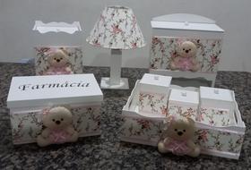 Kit higiene mdf 8 peças ursa princesa rosa floral - Fada artesã
