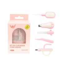 Kit Higiene p/ Bebê estojo rosa 5 Peças Tesoura Redonda, Cortador, Lixa, Palheta Lanterna e Pinça