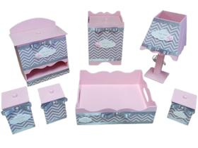 Kit Higiene Para Bebe Rosa Bebe Tema Nuvem 7 Peças Mdf Luxo - Bia Baby Decor