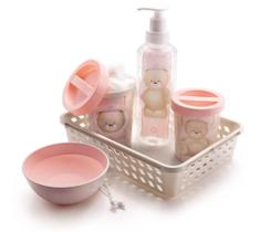 Kit Higiene Para O Bebê 05 Peças Com Bandeja Decorada Ursa Rosa - Plasútil