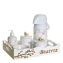 Kit Higiene Pássaros Com 6 Peças, Capa e Nome Do Bebê Quarto Bebê Menina