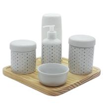 Kit higiene Poá 6 pçs - Molh. Branca - Porcelana e Bdj Pinus