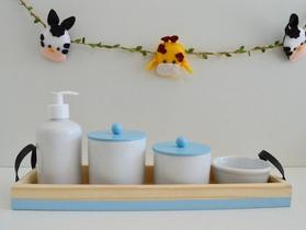 Kit Higiene Porcelana Bandeja Alça Moderna K047 MDF Faixa