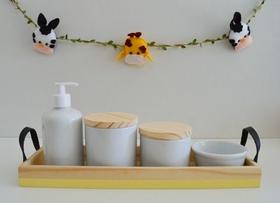 Kit Higiene Porcelana Bandeja Alça Moderna K047 Pinus Faixa