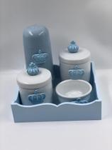 Kit Higiene Porcelana Bandeja Mdf Térmica Azul Tema Coroa