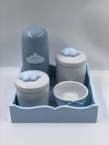 Kit Higiene Porcelana Bandeja Mdf Térmica Azul Tema Nuvem Kit Higiene Porcelana Bandeja Mdf Térmica Azul Tema Nuvem