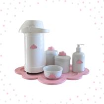 Kit Higiene Porcelana Bebê Bandeja Nuvem Moderno Sabonete Liquido Térmica 500ml Cotonete Algodão