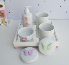 Kit Higiene Porcelana Bebê Banho Cuidado Quarto Menina K014 Borboleta - Ciranda Arte Criativa