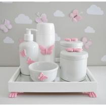 Kit Higiene Porcelana Bebê Borboletas Moderno K045 Rosa