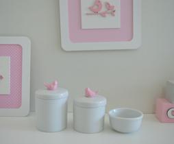 Kit Higiene Porcelana Bebê K015 Rosa Bandeja Coroa Nuvem Ovelha Passarinho Flor Molhadeira Menina