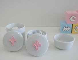 Kit Higiene Porcelana Bebê K015 Rosa Bandeja Coroa Nuvem Ovelha Passarinho Flor Molhadeira Menina - Ciranda Arte Criativa
