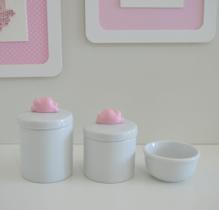 Kit Higiene Porcelana Bebê K015 Rosa Bandeja Coroa Nuvem Ovelha Passarinho Flor Molhadeira Menina