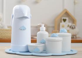 Kit Higiene Porcelana Bebê K044 Bandeja Nuvem Moderno Sabonete Térmica 500ml Cotonete Algodão