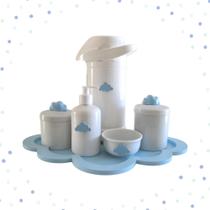 Kit Higiene Porcelana Bebê K044 Bandeja Nuvem Moderno Sabonete Térmica 500ml Cotonete Algodão