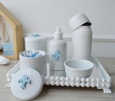Kit Higiene Porcelana Bebê K048 Azul Térmica Bandeja Pérola Branco Banho Quarto Bancada - Ciranda Arte Criativa
